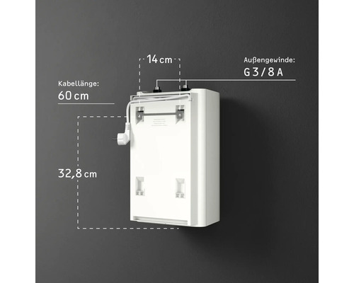 Weißer Untertischspeicher mit Maßen: 32,8 Zentimeter Höhe, 14 Zentimeter Breite, 60 Zentimeter Kabellänge und G 3/8 A Außengewinde.