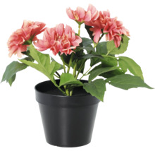 Künstliche Dahlie in einem schwarzen Topf mit lachsfarbenen Blüten und grünen Blättern.