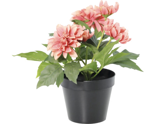 Künstliche Dahlie im schwarzen Topf mit rosa Blüten und grünen Blättern.