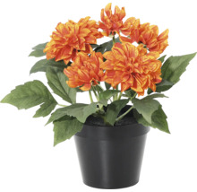 Künstliche Dahlie im schwarzen Topf mit orangefarbenen Blüten und grünen Blättern.