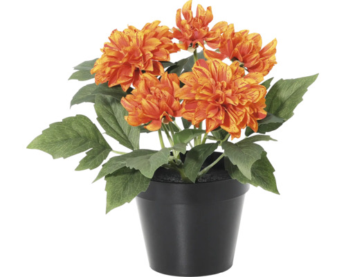 Künstliche Dahlie im schwarzen Topf mit orangefarbenen Blüten und grünen Blättern.