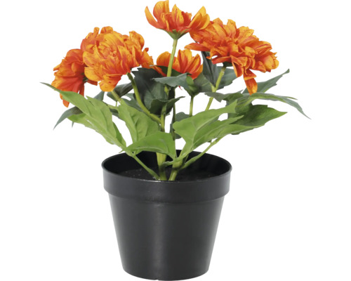 Künstliche orangefarbene Blumen im schwarzen Kunststofftopf