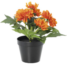 Künstliche Dahlie mit orangefarbenen Blüten und grünen Blättern in einem schwarzen Topf.