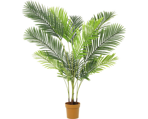 Künstliche Palme mit grünen Wedeln in einem braunen Topf.