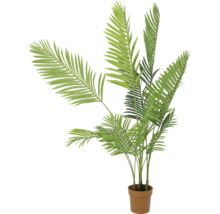 Künstliche Palme mit grünen fächerförmigen Blättern in einem braunen Topf.