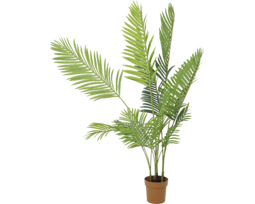Künstliche Palme mit grünen fächerförmigen Blättern in einem braunen Topf.