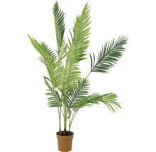 Künstliche Palme im braunen Topf, grüne Palmwedel aus Kunststoff, Zimmerpflanze.