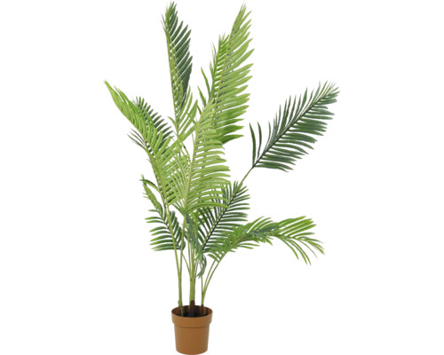 Künstliche Palme im braunen Topf, grüne Palmwedel aus Kunststoff, Zimmerpflanze.