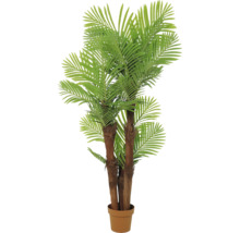 Künstliche Palme mit mehreren strukturierten Stämmen und grünen Wedeln in einem terrakottafarbenen Topf.