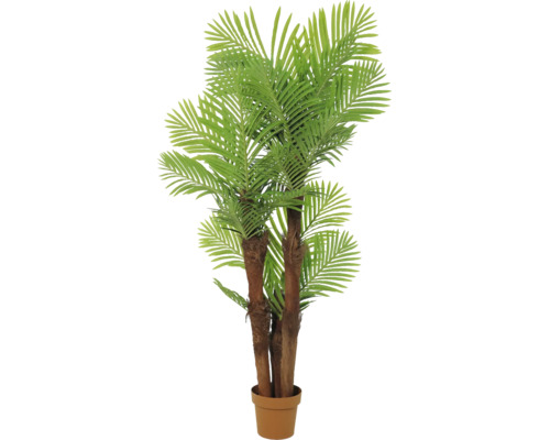 Künstliche Palme mit mehreren strukturierten Stämmen und grünen Wedeln in einem terrakottafarbenen Topf.