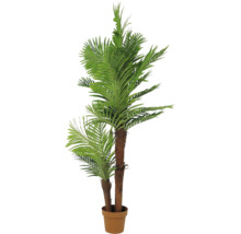 Künstliche Palme mit zwei Stämmen in einem braunen Topf.