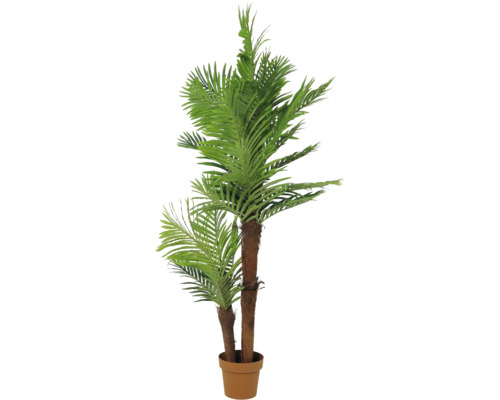 Künstliche Palme mit zwei Stämmen in einem braunen Topf.