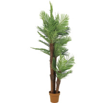 Künstliche Palme mit mehreren Stämmen und grünen Wedeln in einem braunen Topf.