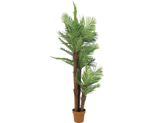 Künstliche Palme mit mehreren Stämmen und grünen Wedeln in einem braunen Topf.