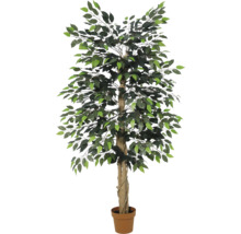 Künstlicher Ficus-Baum mit grünen Blättern in einem braunen Kunststofftopf.