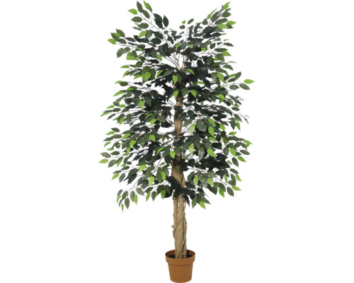 Künstlicher Ficus-Baum mit grünen Blättern in einem braunen Kunststofftopf.