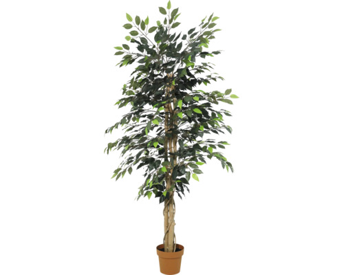 Künstlicher Ficus im Topf mit detailgetreuen grünen Blättern und naturgetreuem Stamm.