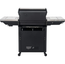 Rückansicht eines Gasgrills mit Seitenablagen und geschlossenem Unterschrank auf Rollen.