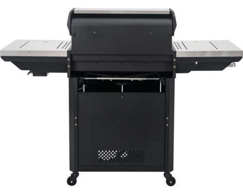 Rückansicht eines Gasgrills mit Seitenablagen und geschlossenem Unterschrank auf Rollen.