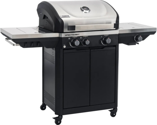 Tenneker Gasgrill Spectra mit Deckel, Seitenablagen, drei Brennern und Unterschrank auf Rollen.