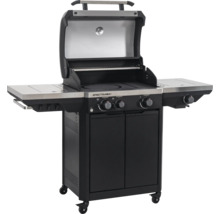 Gasgrill Spectra mit drei Hauptbrennern und einem Seitenbrenner, geöffnetem Deckel, Thermometer, Warmhalterost, Seitenablagen und Unterschrank.