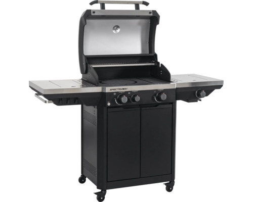 Gasgrill Spectra mit drei Hauptbrennern und einem Seitenbrenner, geöffnetem Deckel, Thermometer, Warmhalterost, Seitenablagen und Unterschrank.