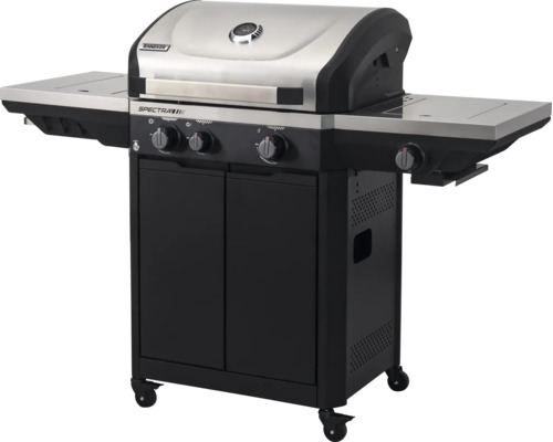 Tenneker Spectra Gasgrill mit drei Hauptbrennern, einem Seitenbrenner, Deckelthermometer und Unterschrank auf Rollen.