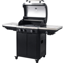 Gasgrill Spectra aus Edelstahl und Metall mit geöffnetem Deckel, vier Drehreglern, Seitenablagen und Unterschrank auf Rollen.