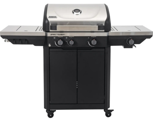 Tenneker Gasgrill Spectra mit drei Hauptbrennern, Seitenbrenner, Edelstahldeckel, integriertem Thermometer und Unterschrank auf Rollen.