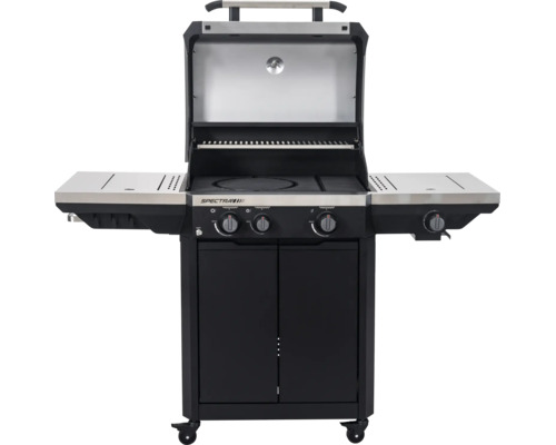 Tenneker Spectra Gasgrill mit drei Hauptbrennern, einem Seitenbrenner, offenem Deckel, Grillrost, Warmhalterost und Unterschrank auf Rollen.