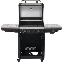 Spectra Gasgrill mit offenem Deckel, drei Hauptbrennern, einem Seitenbrenner, Seitenablagen und offenem Unterschrank auf Rollen.