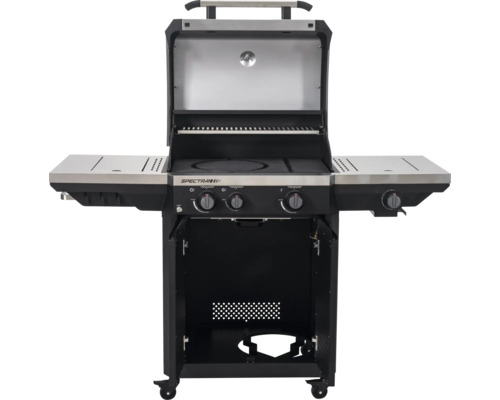 Spectra Gasgrill mit offenem Deckel, drei Hauptbrennern, einem Seitenbrenner, Seitenablagen und offenem Unterschrank auf Rollen.