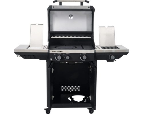 Gasgrill Spectra mit offenem Deckel, Grillrosten, Seitenbrenner und geöffnetem Unterschrank.