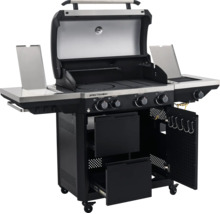 Spectra Gasgrill aus Metall in Schwarz und Silber mit vier Brennern, Seitenbrenner, offener Haube und Schubladen.