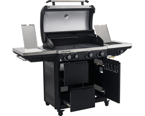 Spectra Gasgrill aus Metall in Schwarz und Silber mit vier Brennern, Seitenbrenner, offener Haube und Schubladen.