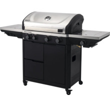 Gasgrill Tenneker Spectra mit Thermometer im Deckel, Seitenablagen und Unterschrank auf Rollen.