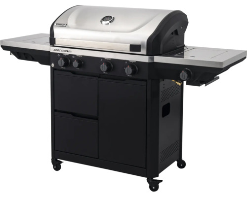 Gasgrill Tenneker Spectra mit Thermometer im Deckel, Seitenablagen und Unterschrank auf Rollen.