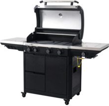 Gasgrill Tenneker Spectra mit geöffnetem Deckel, vier Hauptbrennern, Seitenbrenner, Grillrost und Unterschrank auf Rollen.