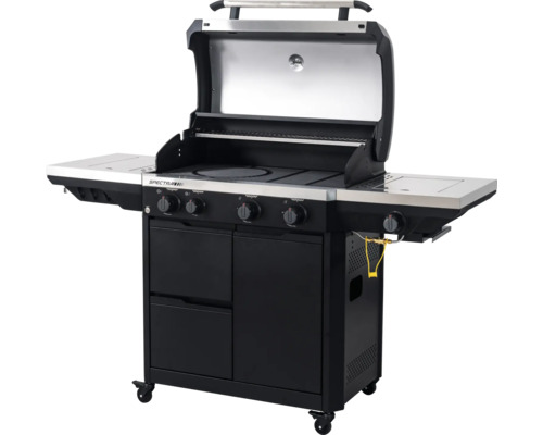 Gasgrill Tenneker Spectra mit geöffnetem Deckel, vier Hauptbrennern, Seitenbrenner, Grillrost und Unterschrank auf Rollen.