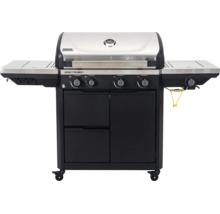 Schwarzer Tenneker Gasgrill Spectra mit Edelstahldeckel, vier Hauptbrennern, Seitenbrenner und Unterschrank auf Rollen.