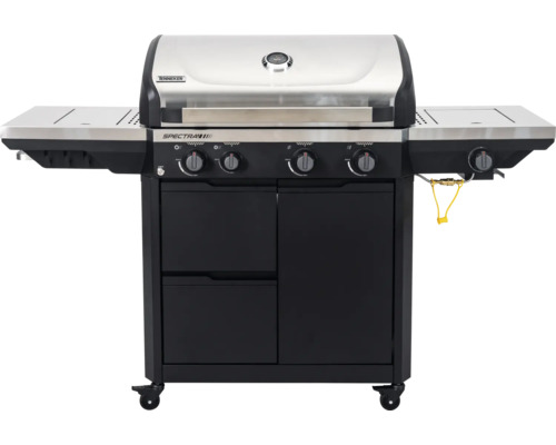 Schwarzer Tenneker Gasgrill Spectra mit Edelstahldeckel, vier Hauptbrennern, Seitenbrenner und Unterschrank auf Rollen.