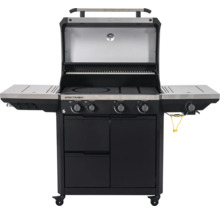 Gasgrill Spectra in Schwarz und Silber mit offenem Deckel, vier Brennern, Seitenbrenner und Unterschrank auf Rollen.