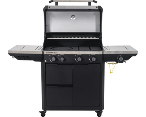 Gasgrill Spectra in Schwarz und Silber mit offenem Deckel, vier Brennern, Seitenbrenner und Unterschrank auf Rollen.