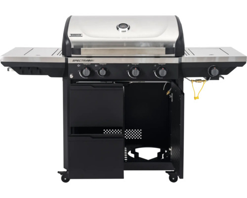 Tenneker Gasgrill Spectra mit 4 Hauptbrennern, einem Seitenbrenner, Deckelthermometer und Unterschrank.