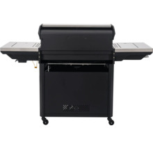 Rückansicht eines schwarzen Gasgrills mit Edelstahlablagen und Rollen.