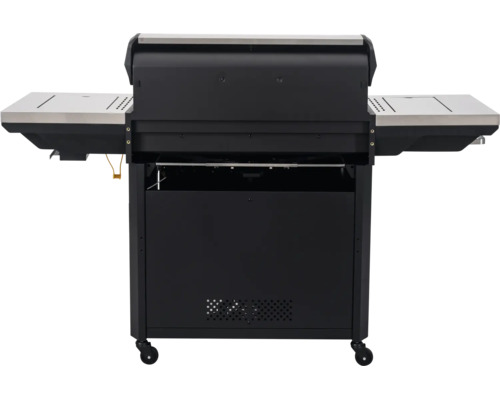 Rückansicht eines schwarzen Gasgrills mit Edelstahlablagen und Rollen.