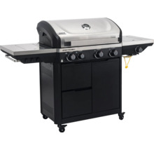 Tenneker Spectra Gasgrill mit Edelstahlhaube, vier Brennern, Seitenablagen und Unterschrank auf Rollen.