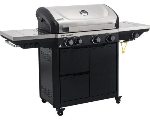 Tenneker Spectra Gasgrill mit Edelstahlhaube, vier Brennern, Seitenablagen und Unterschrank auf Rollen.