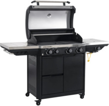 Gasgrill Spectra mit geöffnetem Deckel, vier Brennern, Seitenbrenner, Seitenablage und Unterschrank mit Schubladen auf Rollen.