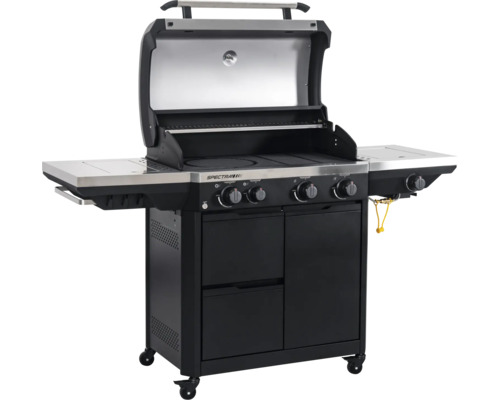 Gasgrill Spectra mit geöffnetem Deckel, vier Brennern, Seitenbrenner, Seitenablage und Unterschrank mit Schubladen auf Rollen.